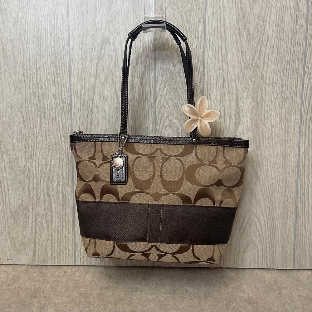 Coach Tan Signature Canvas Brown Strip and Trim Zip Tote Style F13548 Y2K 2000s - Picture 16 of 17